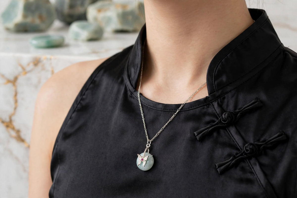 Whimsical Butterfly Burmese Jadeite Donut Pendant Necklace