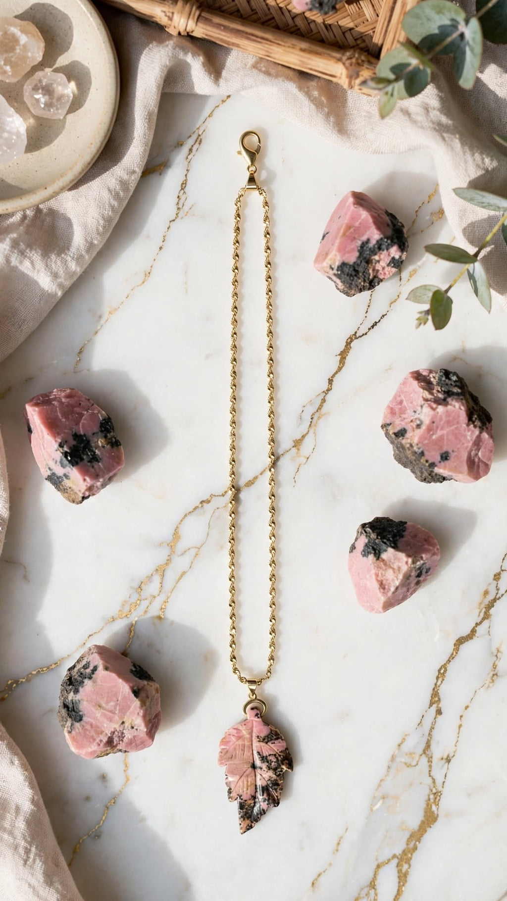 Earthy Romance Rhodonite Leaf Pendant Necklace