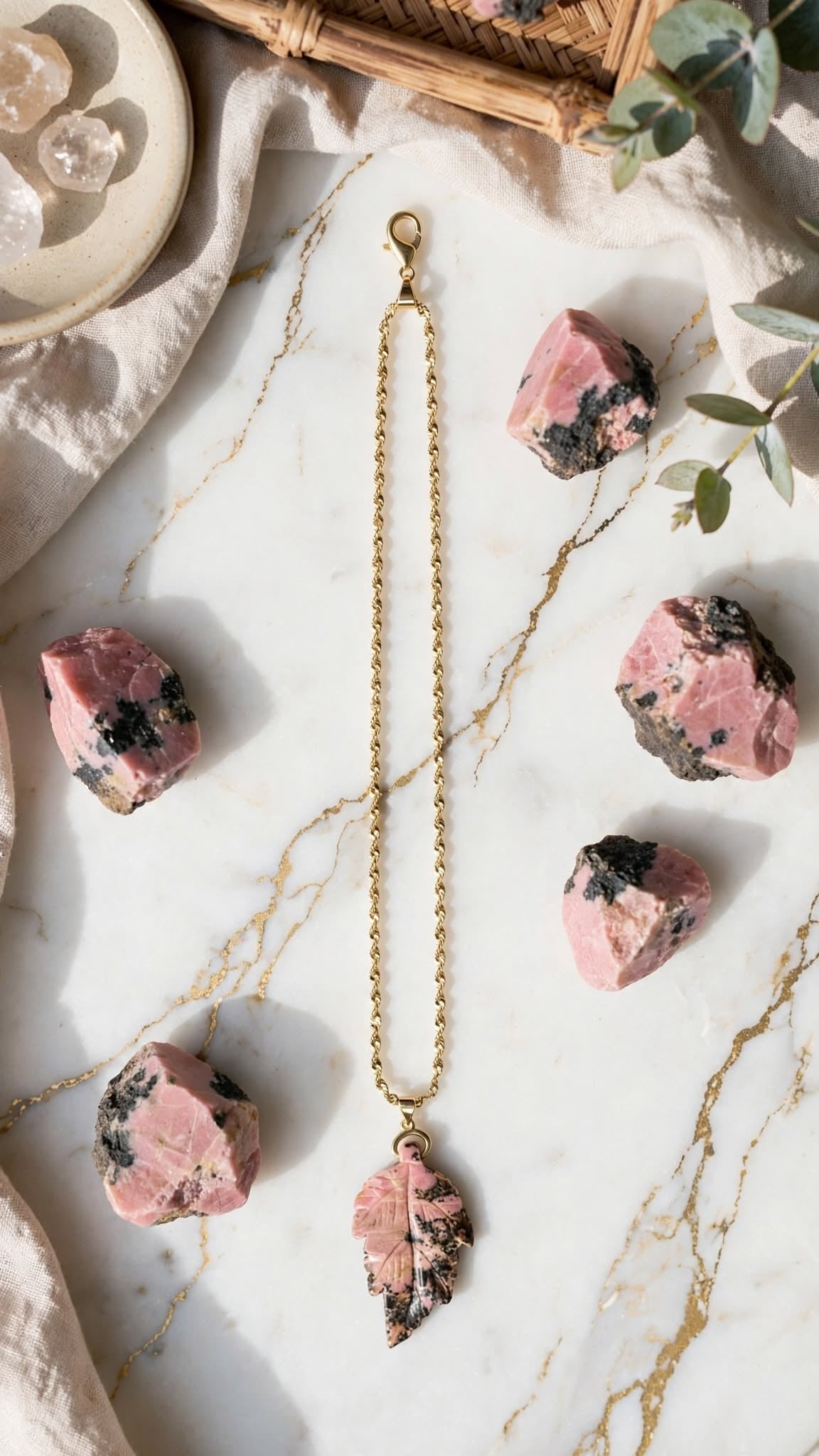 Earthy Romance Rhodonite Leaf Pendant Necklace