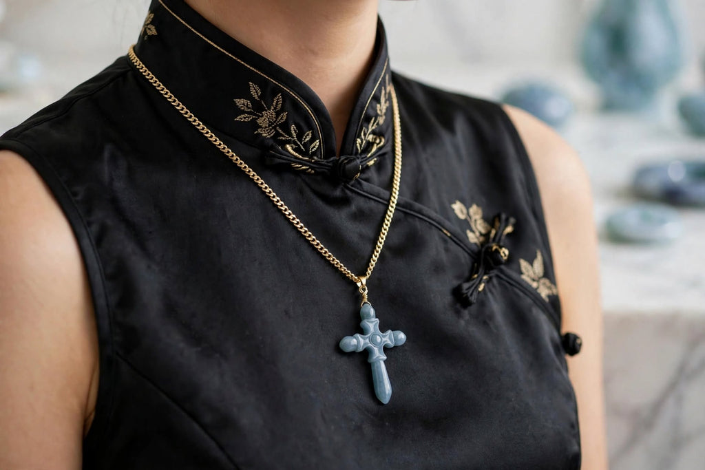 Sacred Reflection Blue Water Jade Cross Pendant Necklace