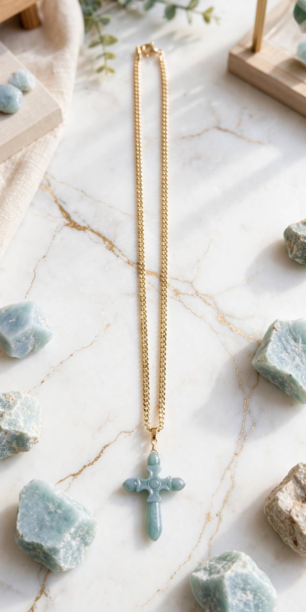 Sacred Reflection Blue Water Jade Cross Pendant Necklace