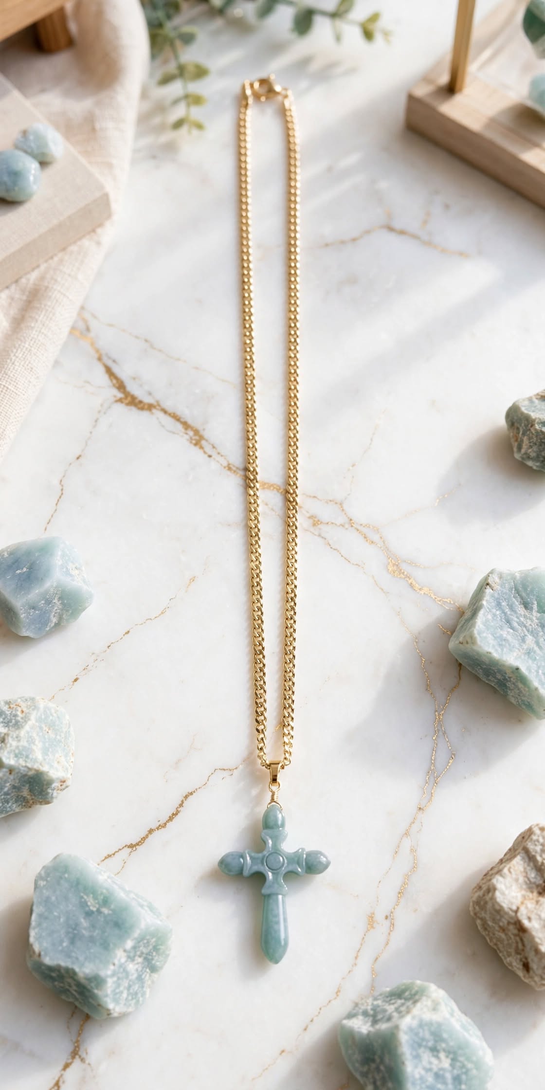 Sacred Reflection Blue Water Jade Cross Pendant Necklace