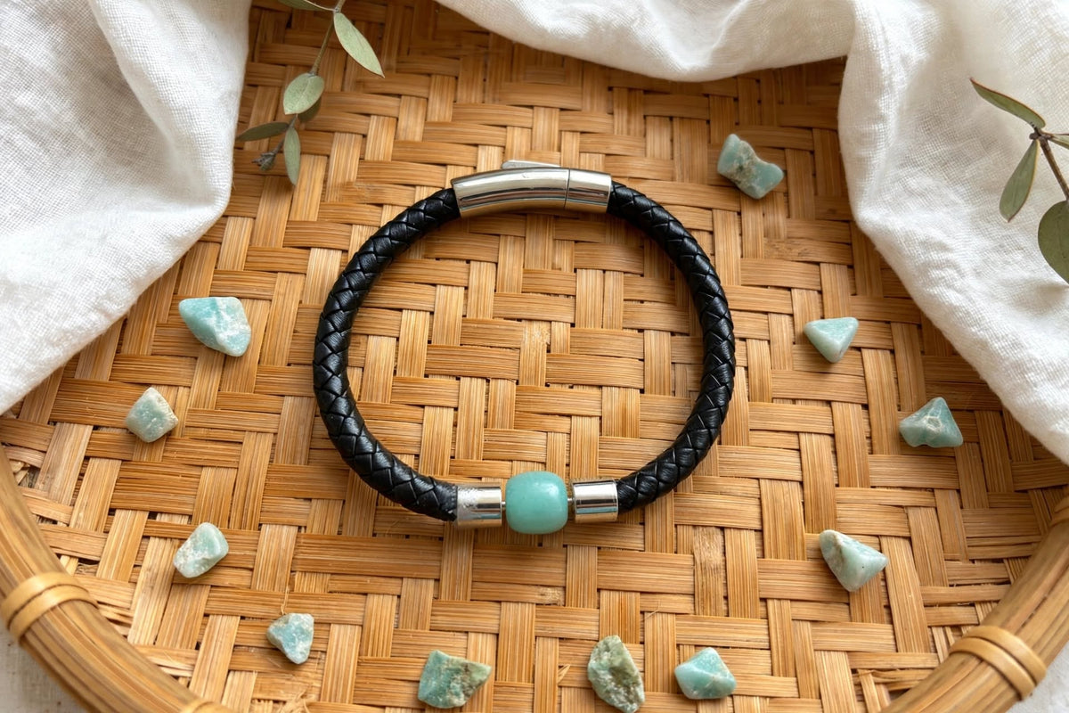 Urban Calming Braided PU Leather & Amazonite Barrel Bracelet