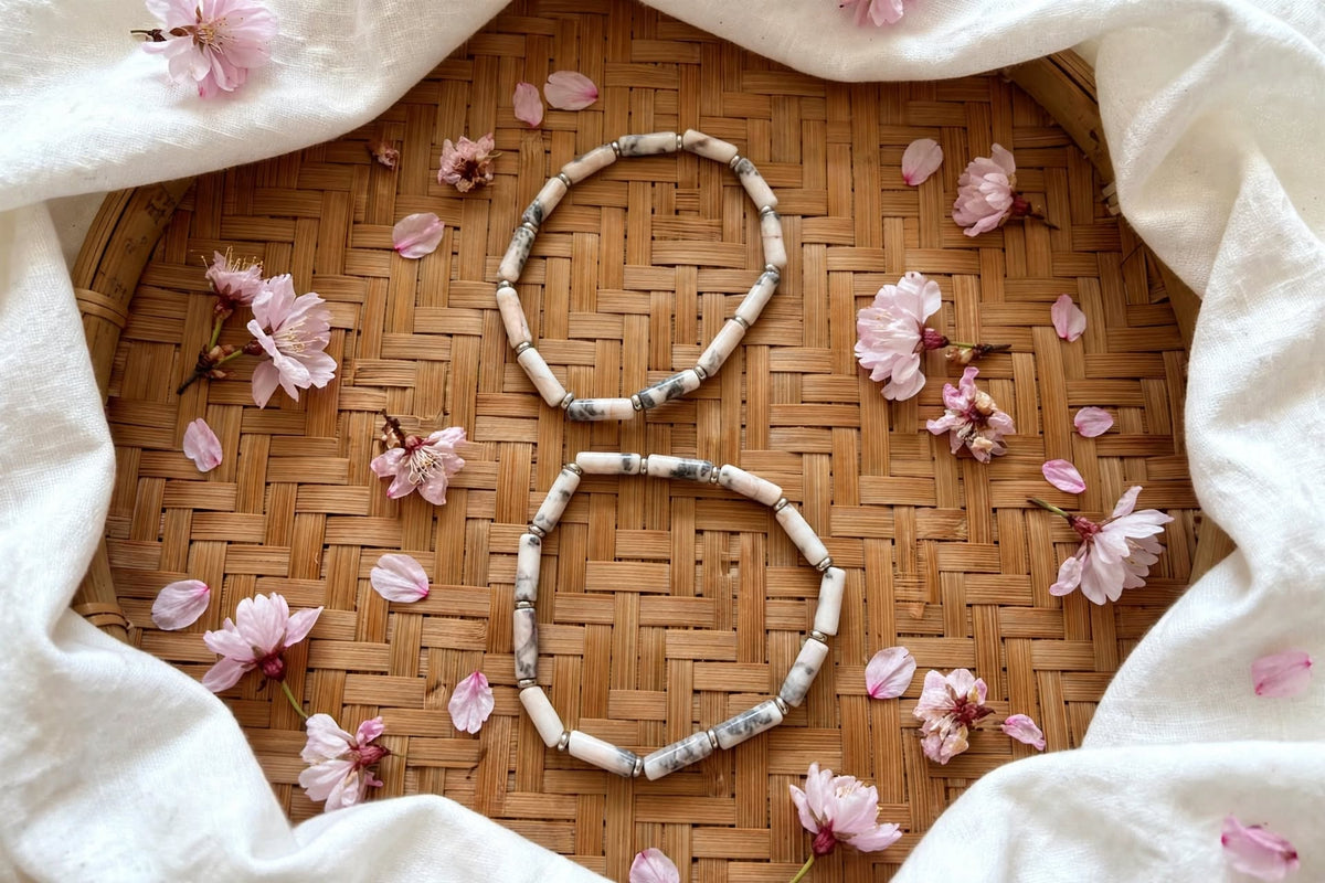 Playful Harmony Pink Zebra Jasper Cylinder Bracelet Set