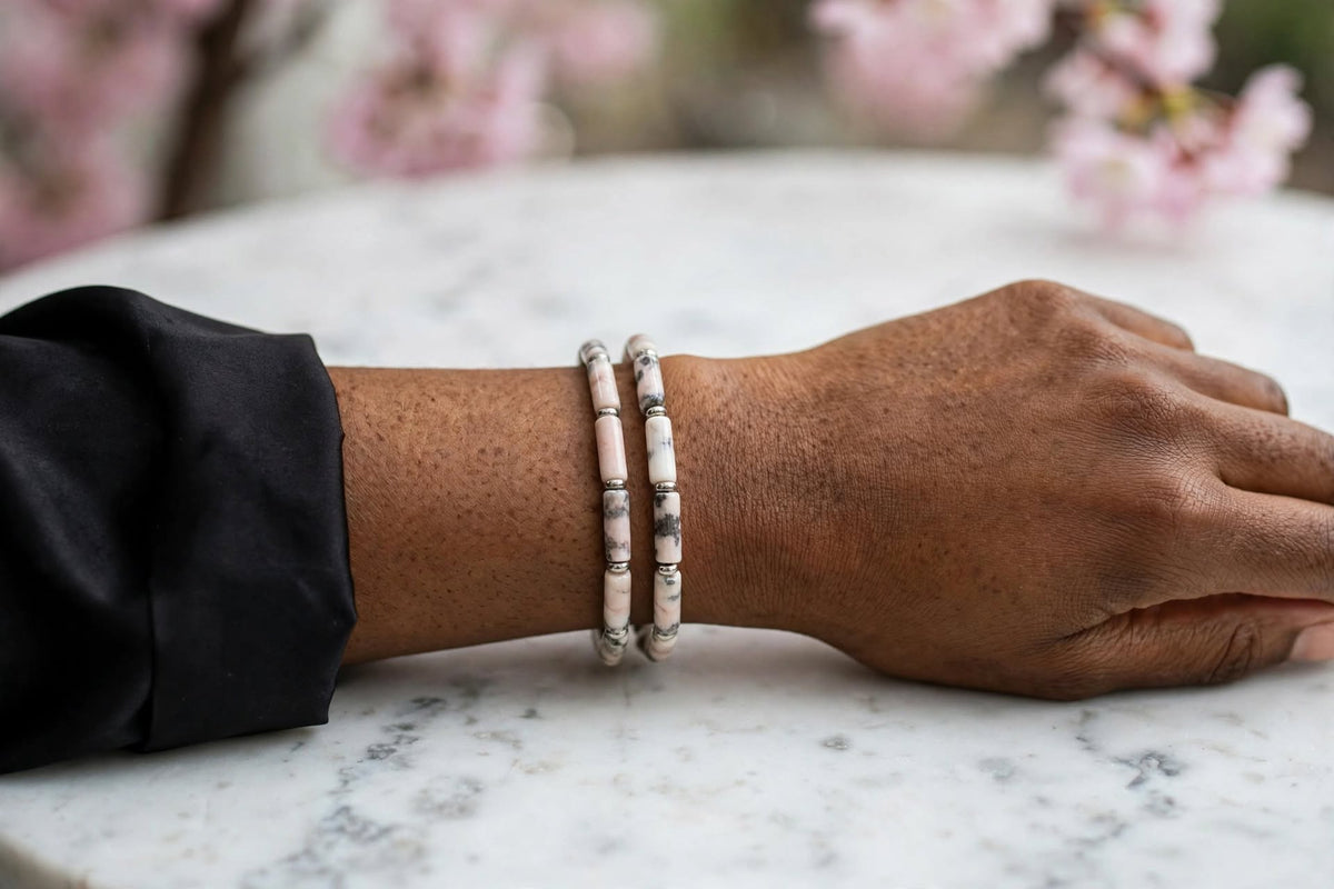 Playful Harmony Pink Zebra Jasper Cylinder Bracelet Set