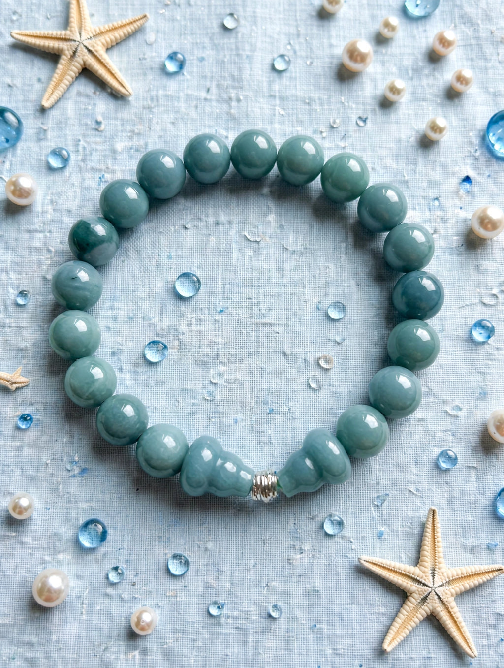 Tranquil Elegance: Blue Water Jade & Silver Accent Bracelet