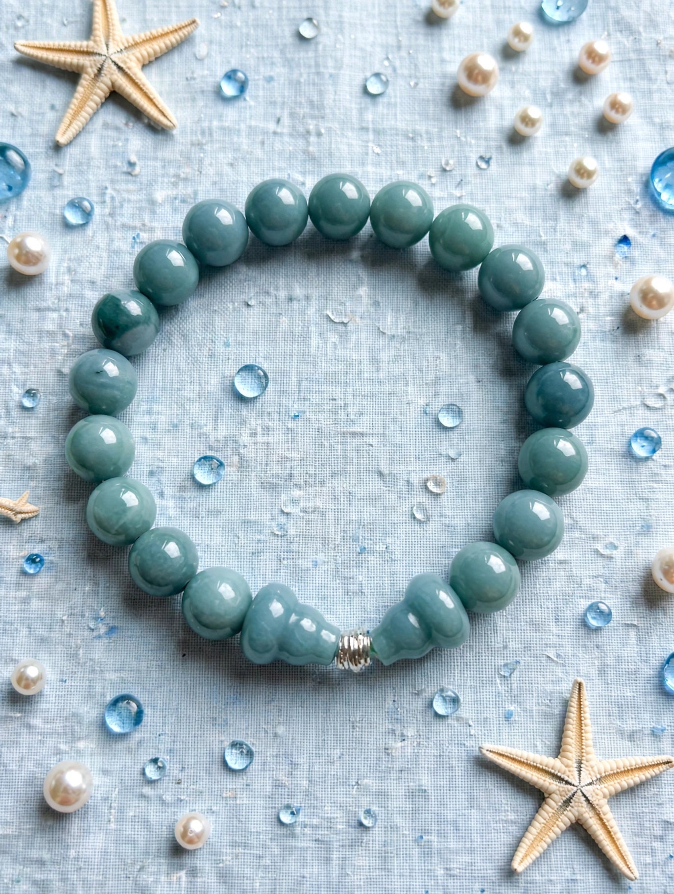 Tranquil Elegance: Blue Water Jade & Silver Accent Bracelet