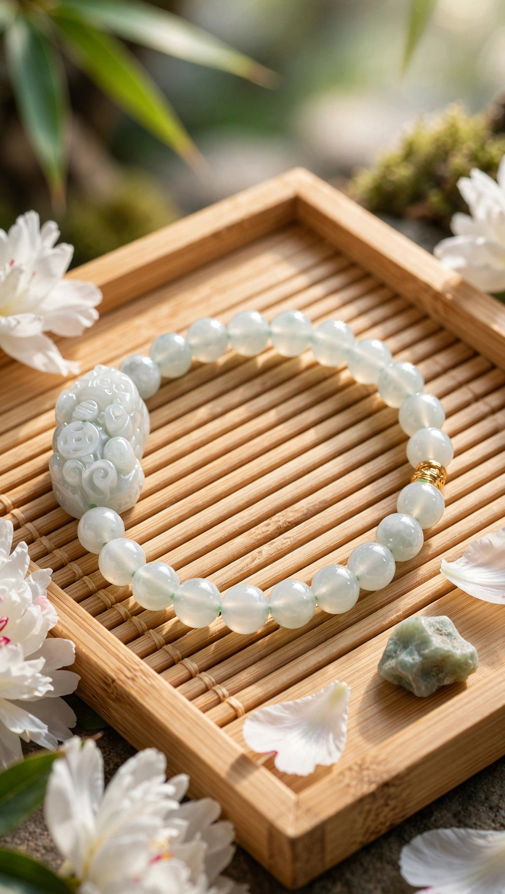Burmese Jadeite & Pixiu Bracelet with 18K Gold Filled Bead
