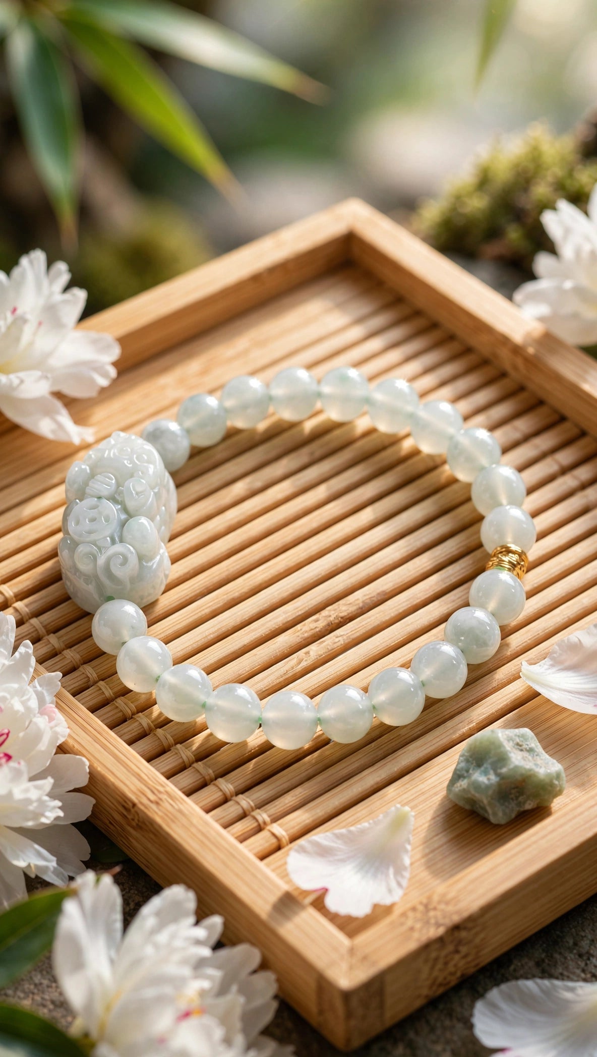 Burmese Jadeite & Pixiu Bracelet with 18K Gold Filled Bead