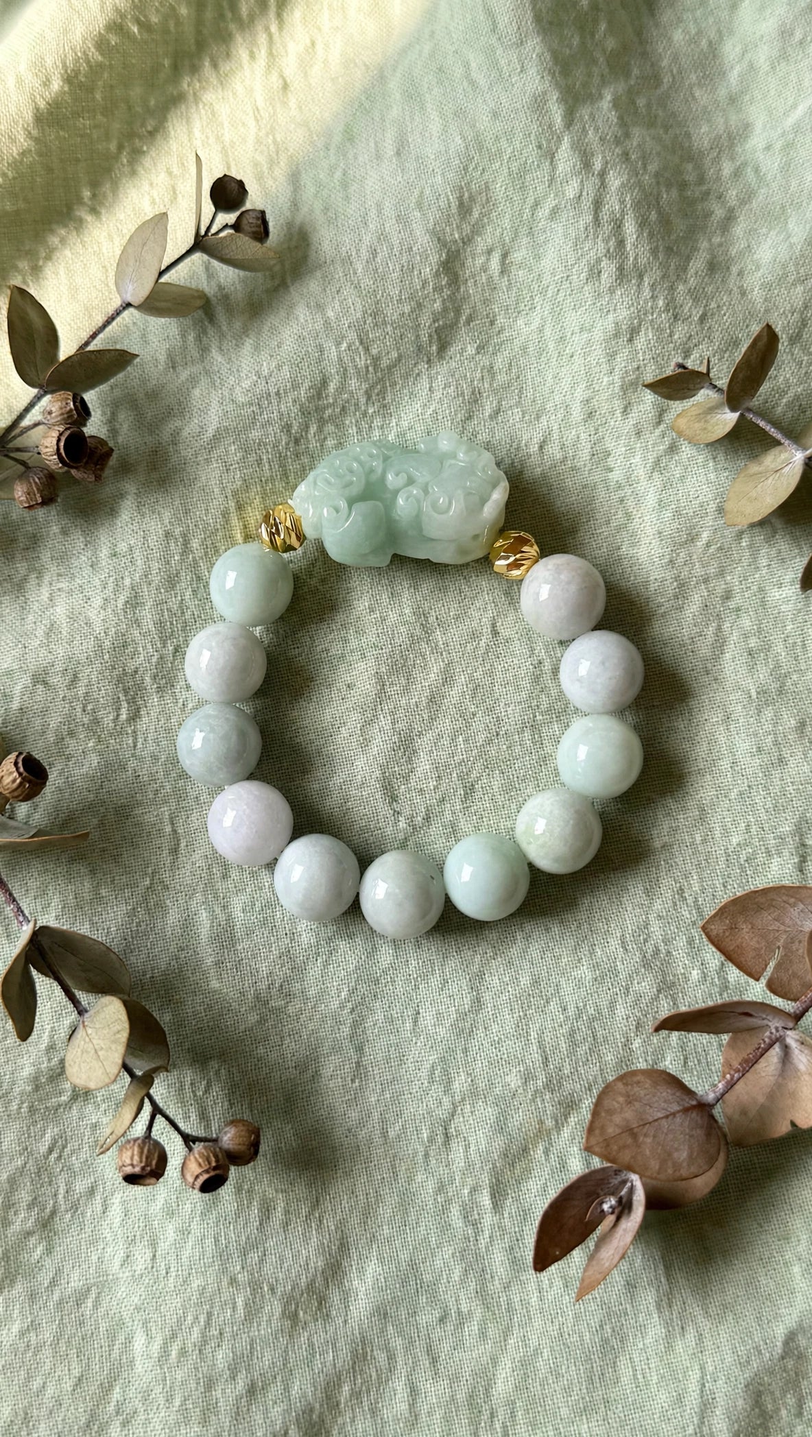 Burmese Jadeite & Pixiu Bracelet with 18K Gold Filled Beads