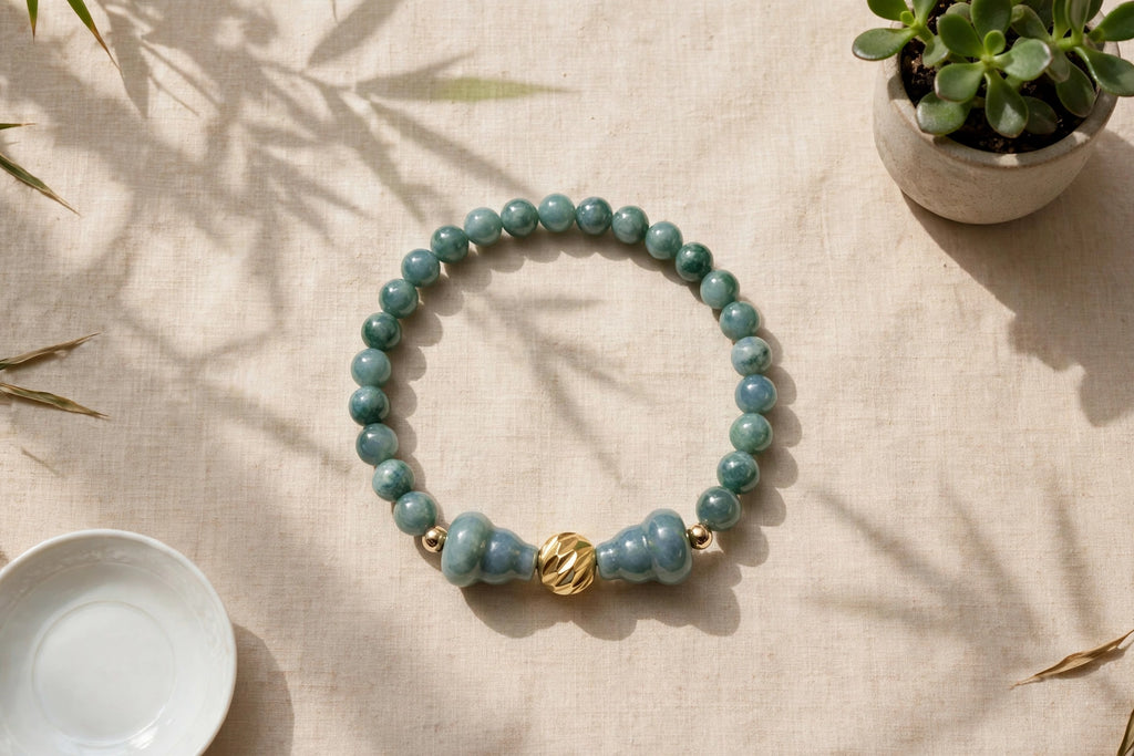 Blue Water Jade Hulu & Gold Accent Bracelet