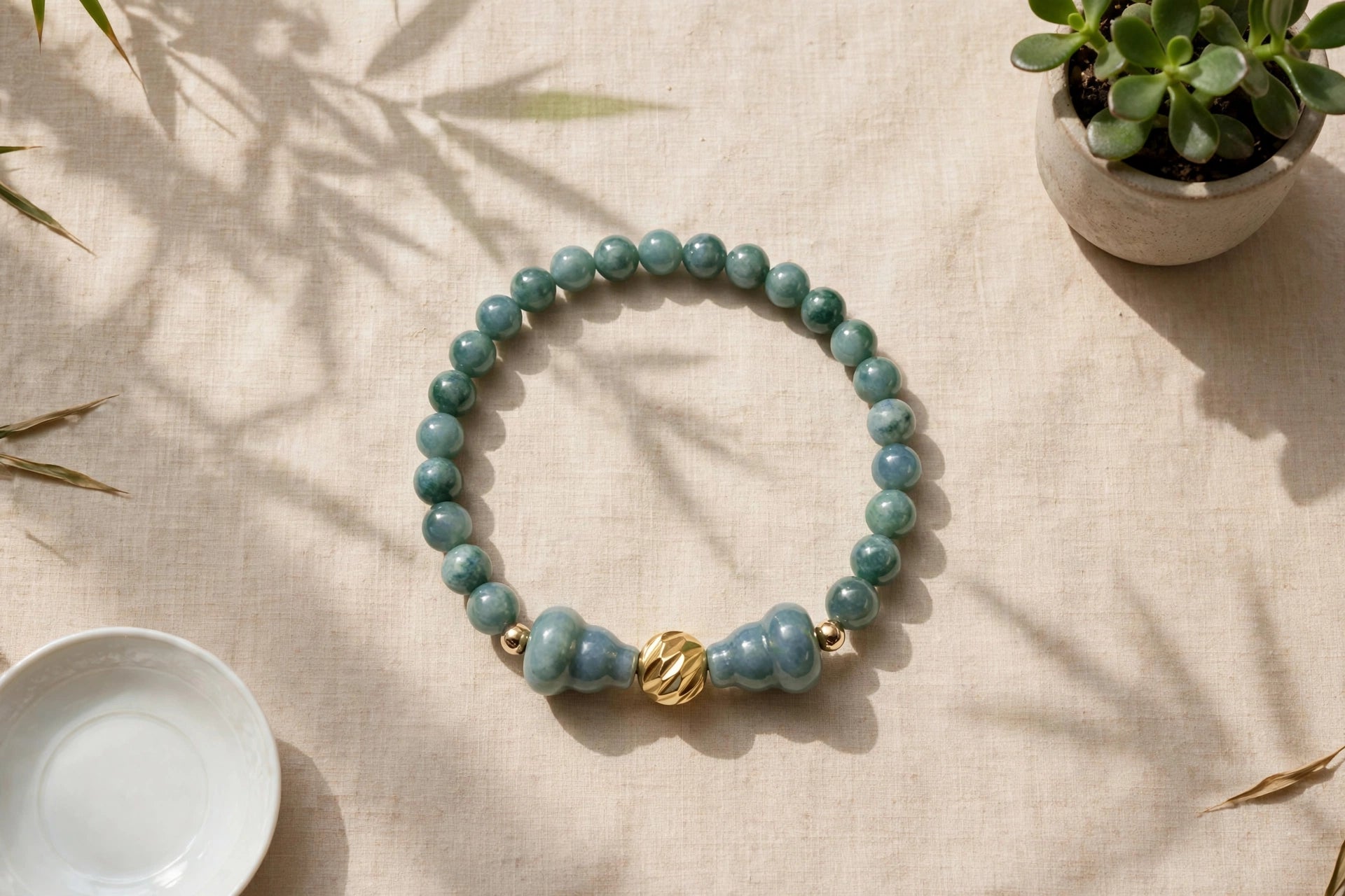 Blue Water Jade Hulu & Gold Accent Bracelet