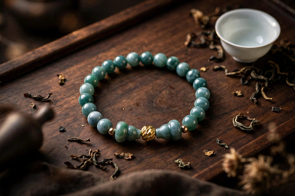 Blue Water Jade Hulu & Gold Accent Bracelet