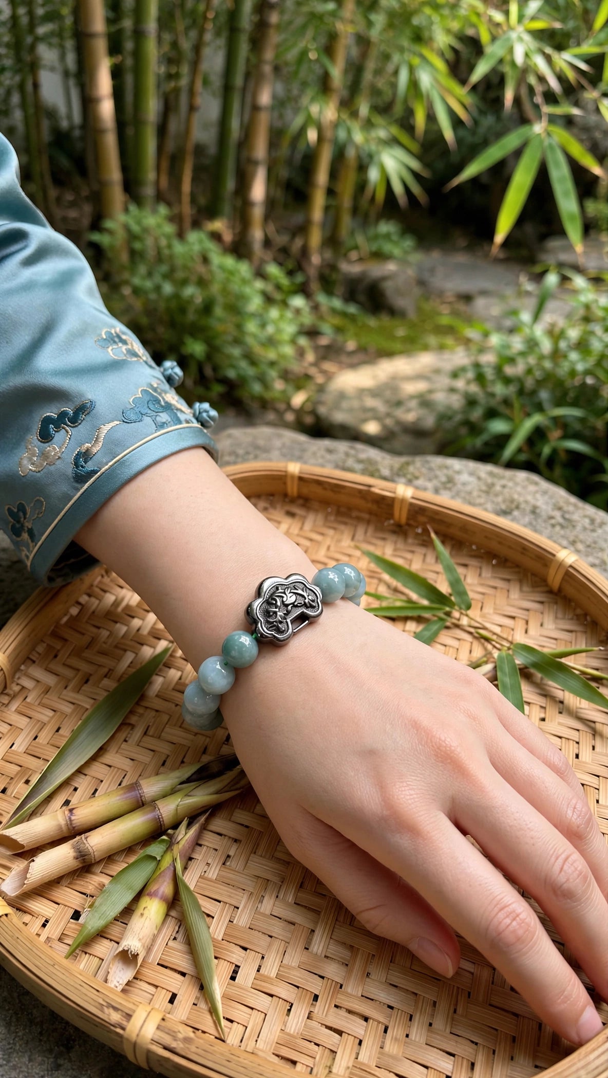 Sovereign Grace: Natural Blue Water Jade 10 mm Bracelet with Gunmetal Ruyi
