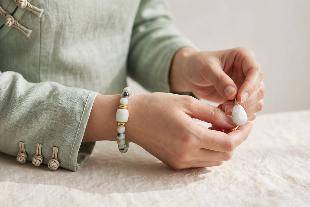 Natural Piao Hua Jadeite Barrel & Hematite Accent Bracelet