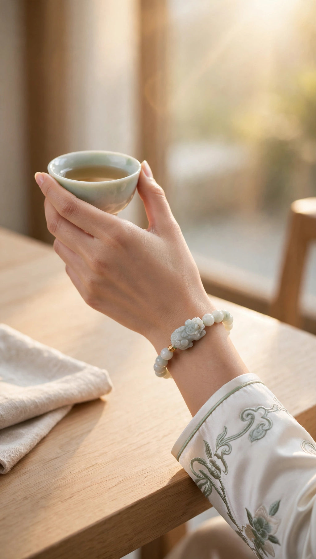 Burmese Jadeite & Pixiu Bracelet with 18K Gold Filled Bead