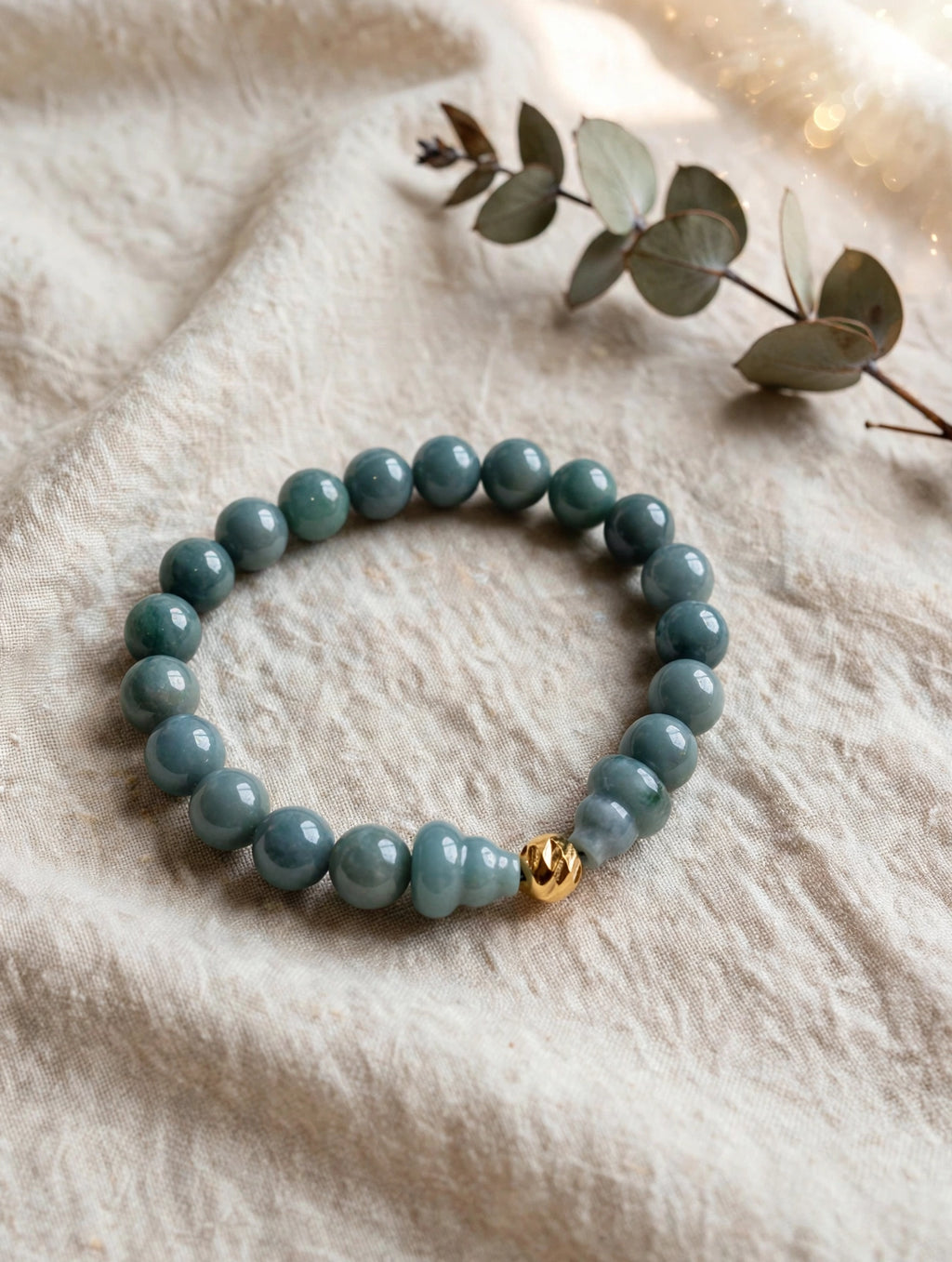 Divine Abundance: Blue Water Jade Hulu & 18K Gold Filled Accent Bracelet
