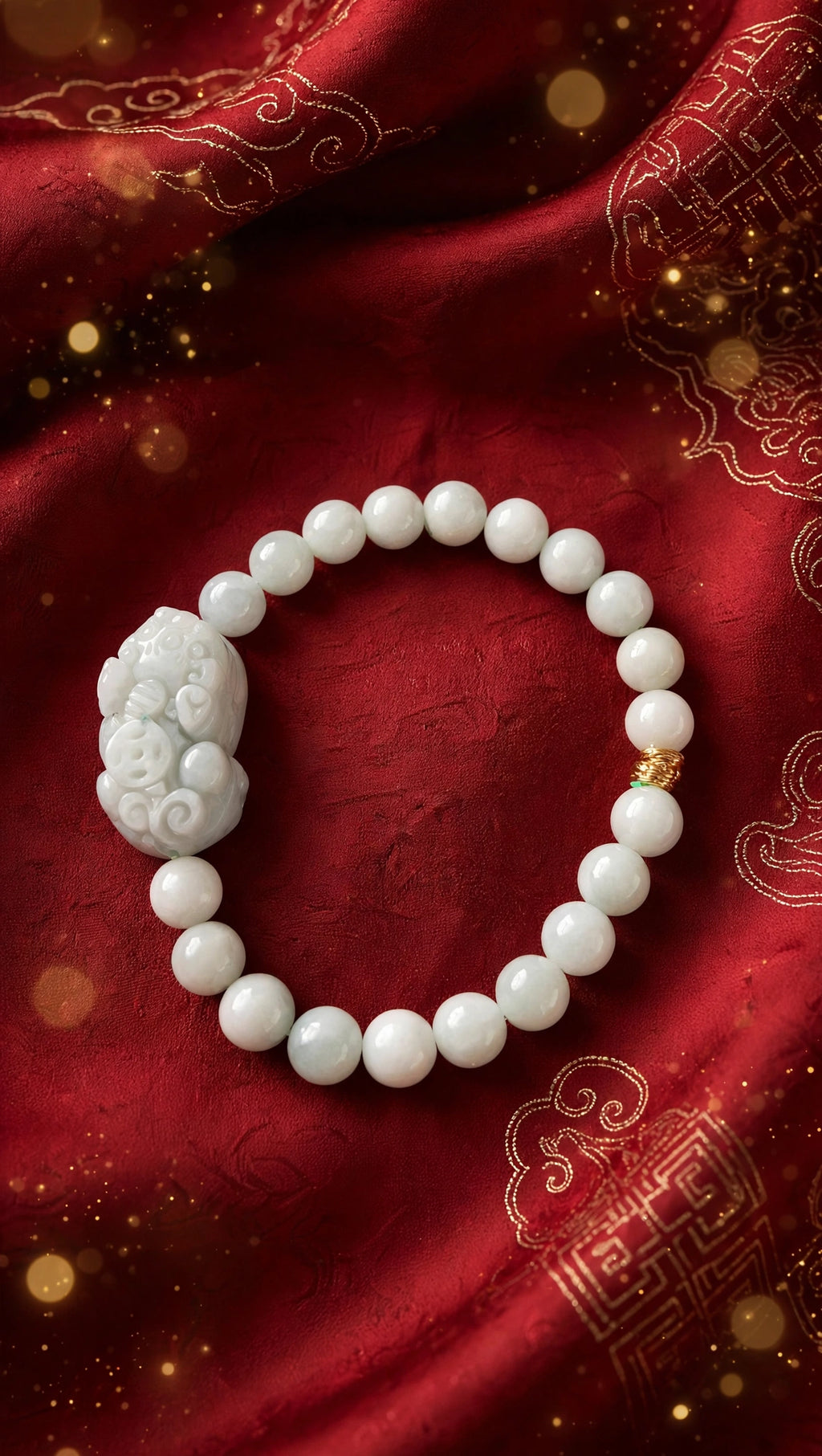 Burmese Jadeite & Pixiu Bracelet with 18K Gold Filled Bead