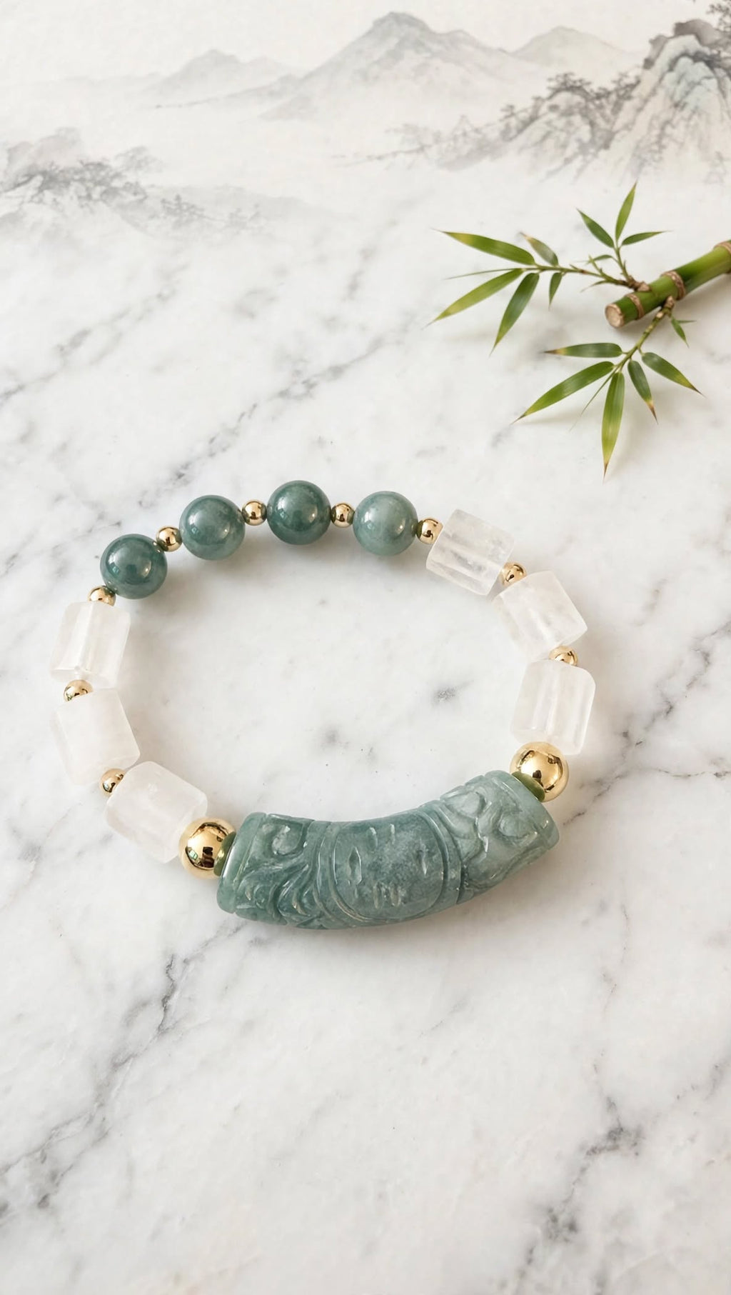 Tranquil Stream Blue Water Jade & Clear Quartz Half-Bangle