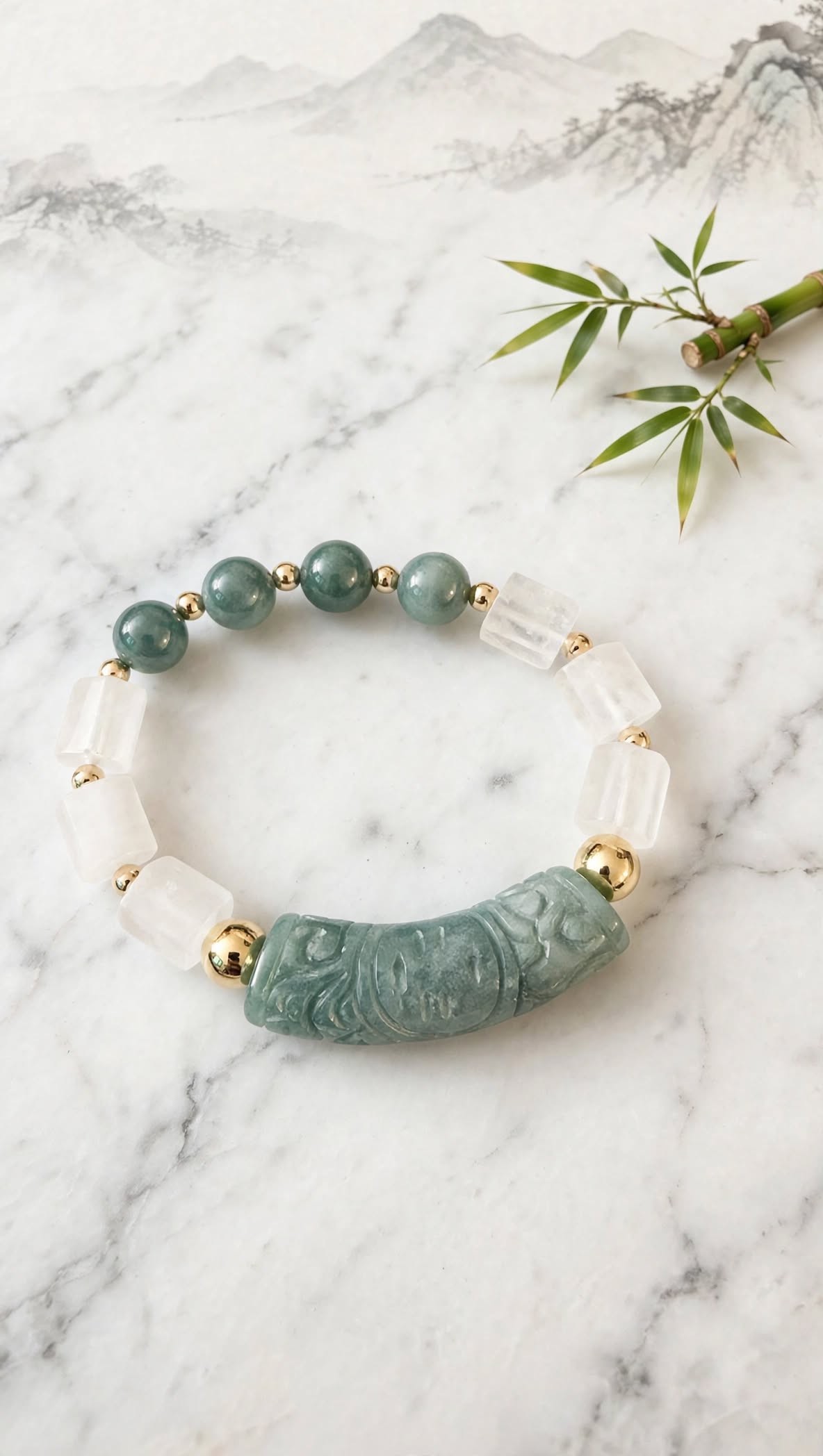 Tranquil Stream Blue Water Jade & Clear Quartz Half-Bangle