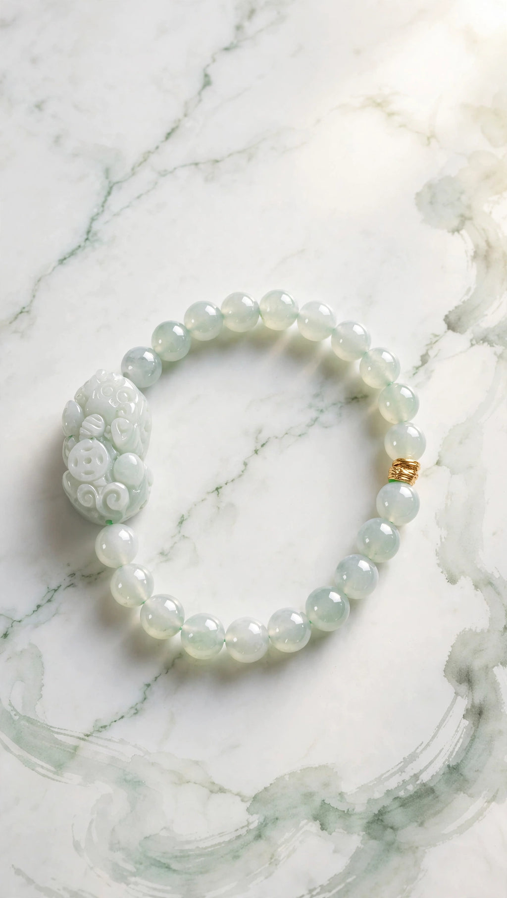 Burmese Jadeite & Pixiu Bracelet with 18K Gold Filled Bead