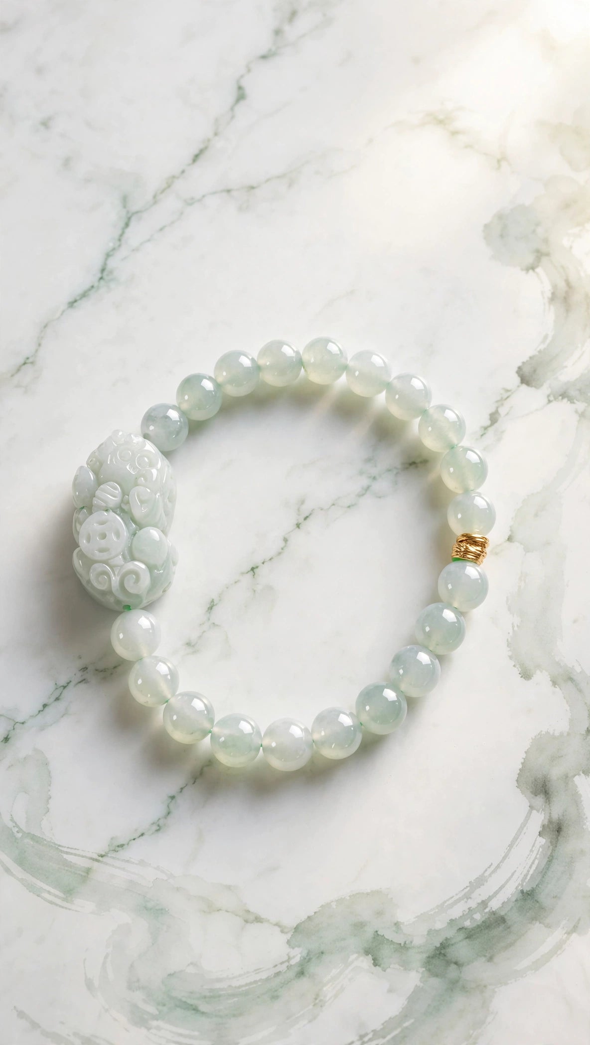 Burmese Jadeite & Pixiu Bracelet with 18K Gold Filled Bead