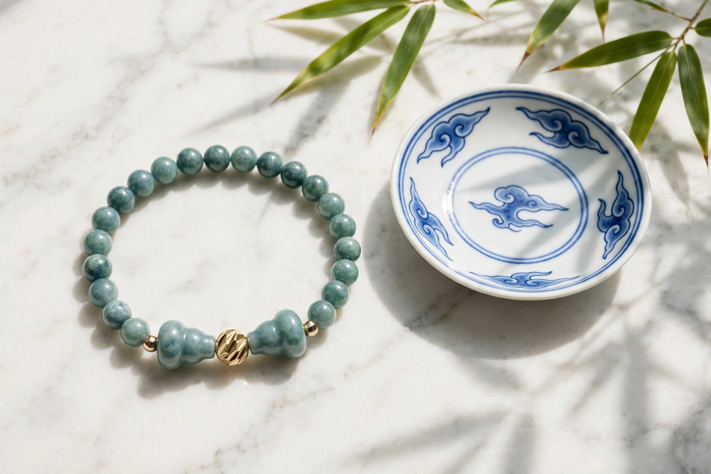 Blue Water Jade Hulu & Gold Accent Bracelet