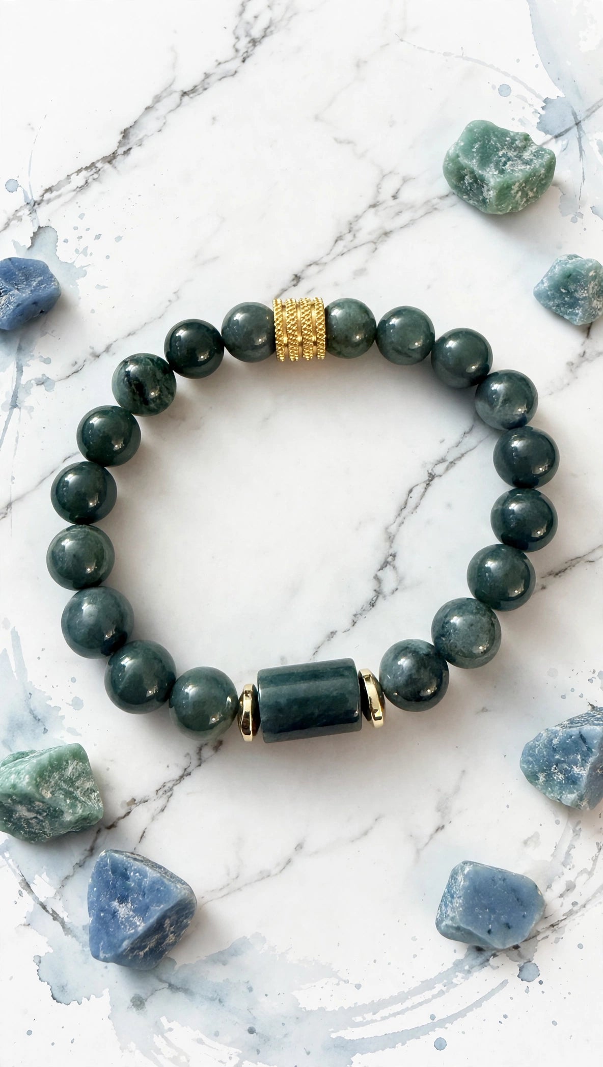 Blue Water Jade Barrel & Gold Accent Bracelet