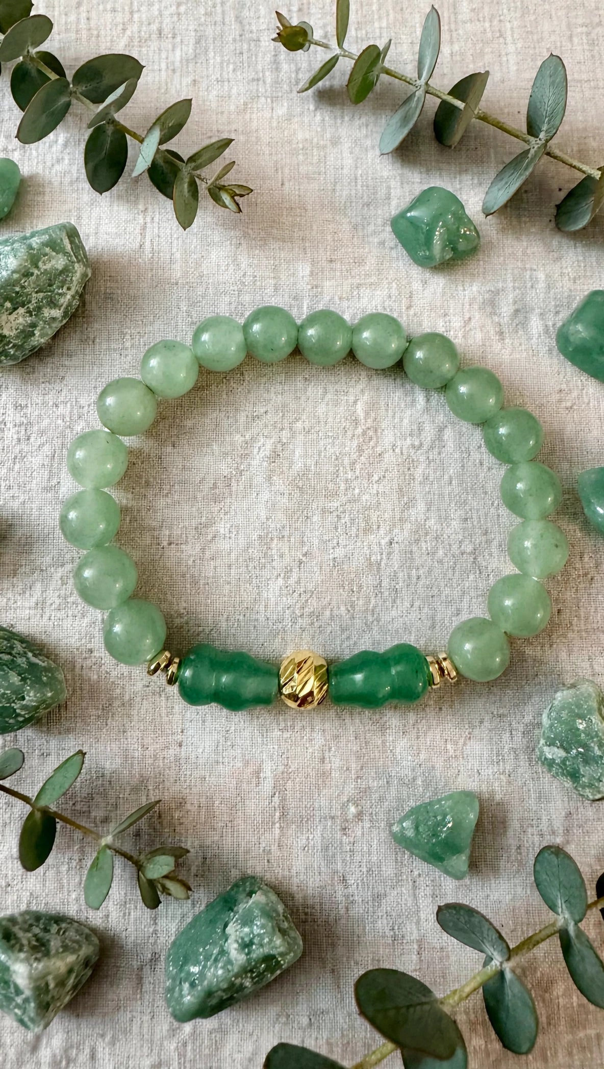 Green Aventurine Hulu & Gold Accent Bracelet