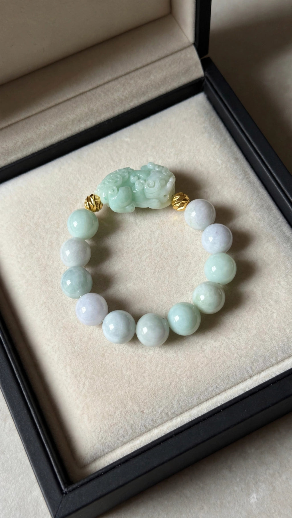Burmese Jadeite & Pixiu Bracelet with 18K Gold Filled Beads