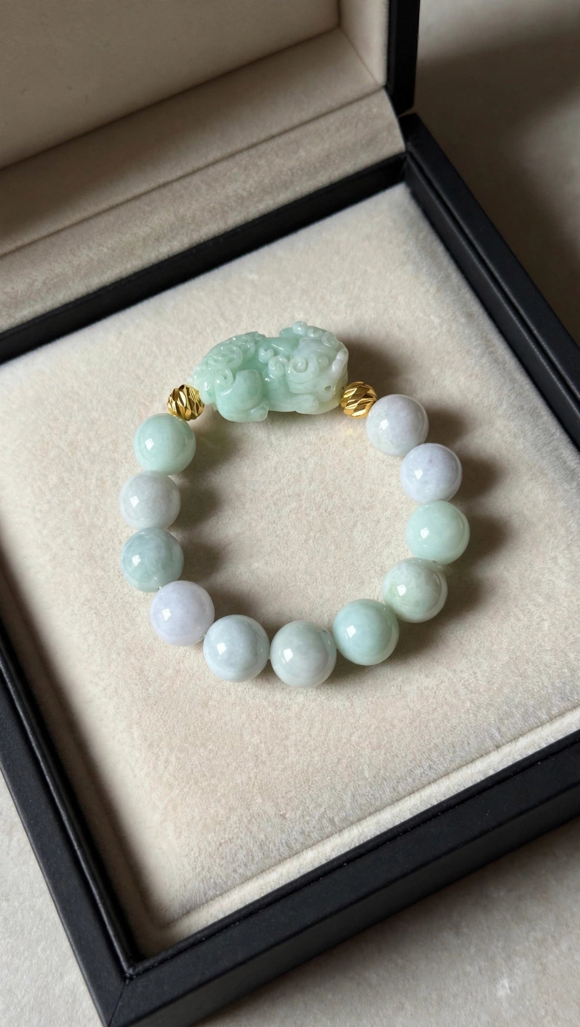 Burmese Jadeite & Pixiu Bracelet with 18K Gold Filled Beads