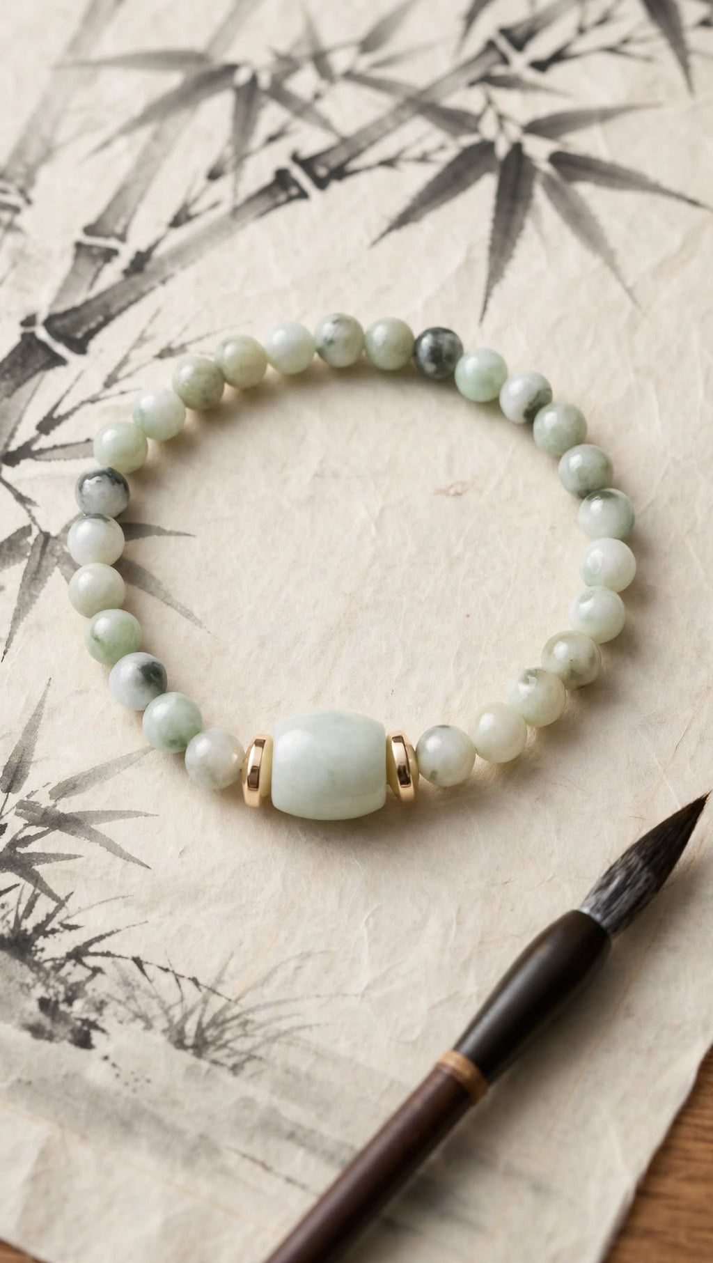 Natural Piao Hua Jadeite Barrel & Hematite Accent Bracelet