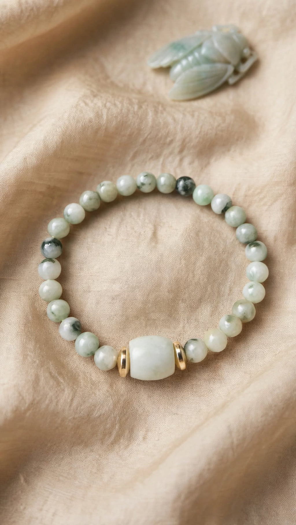 Natural Piao Hua Jadeite Barrel & Hematite Accent Bracelet