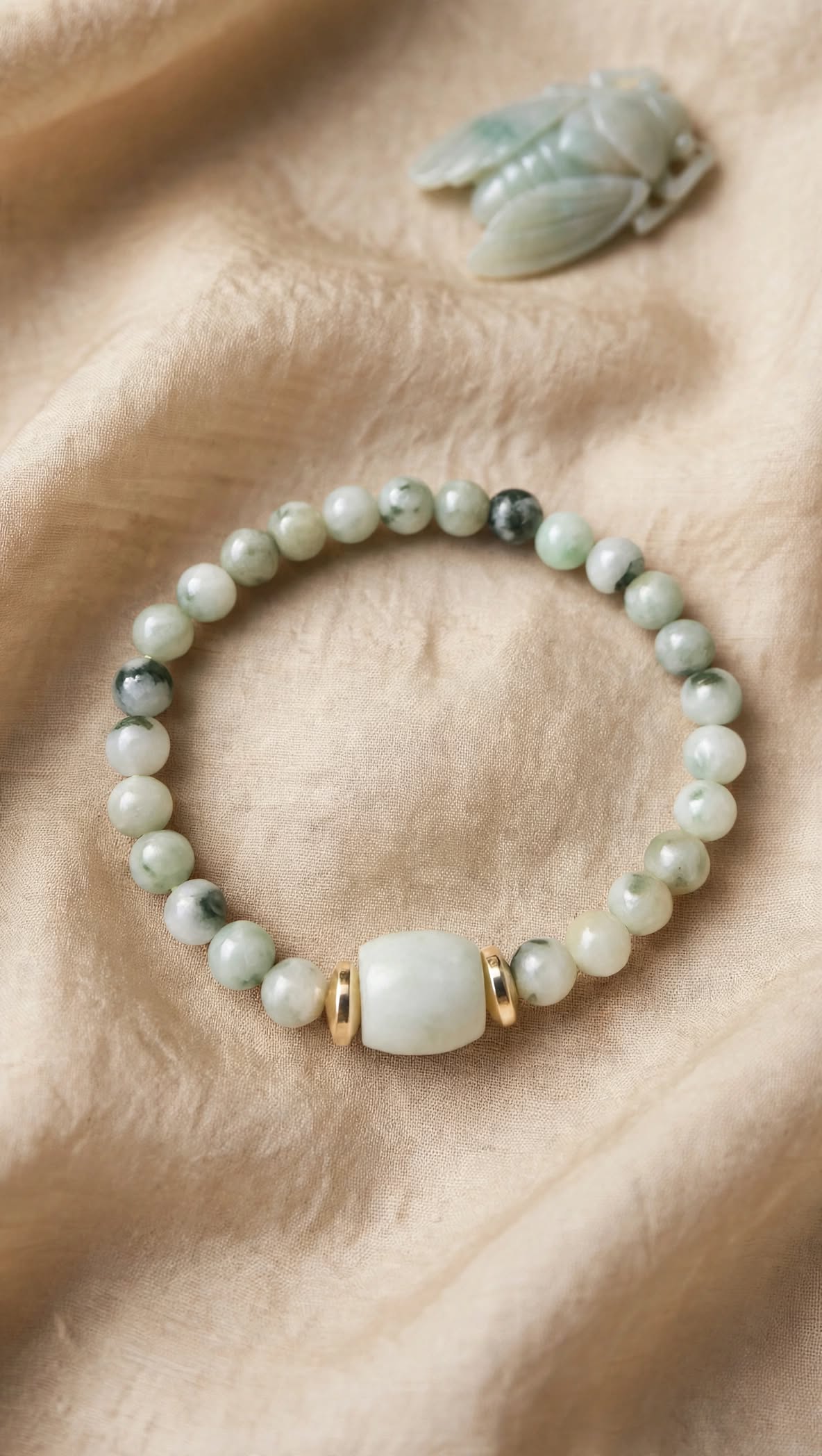 Natural Piao Hua Jadeite Barrel & Hematite Accent Bracelet