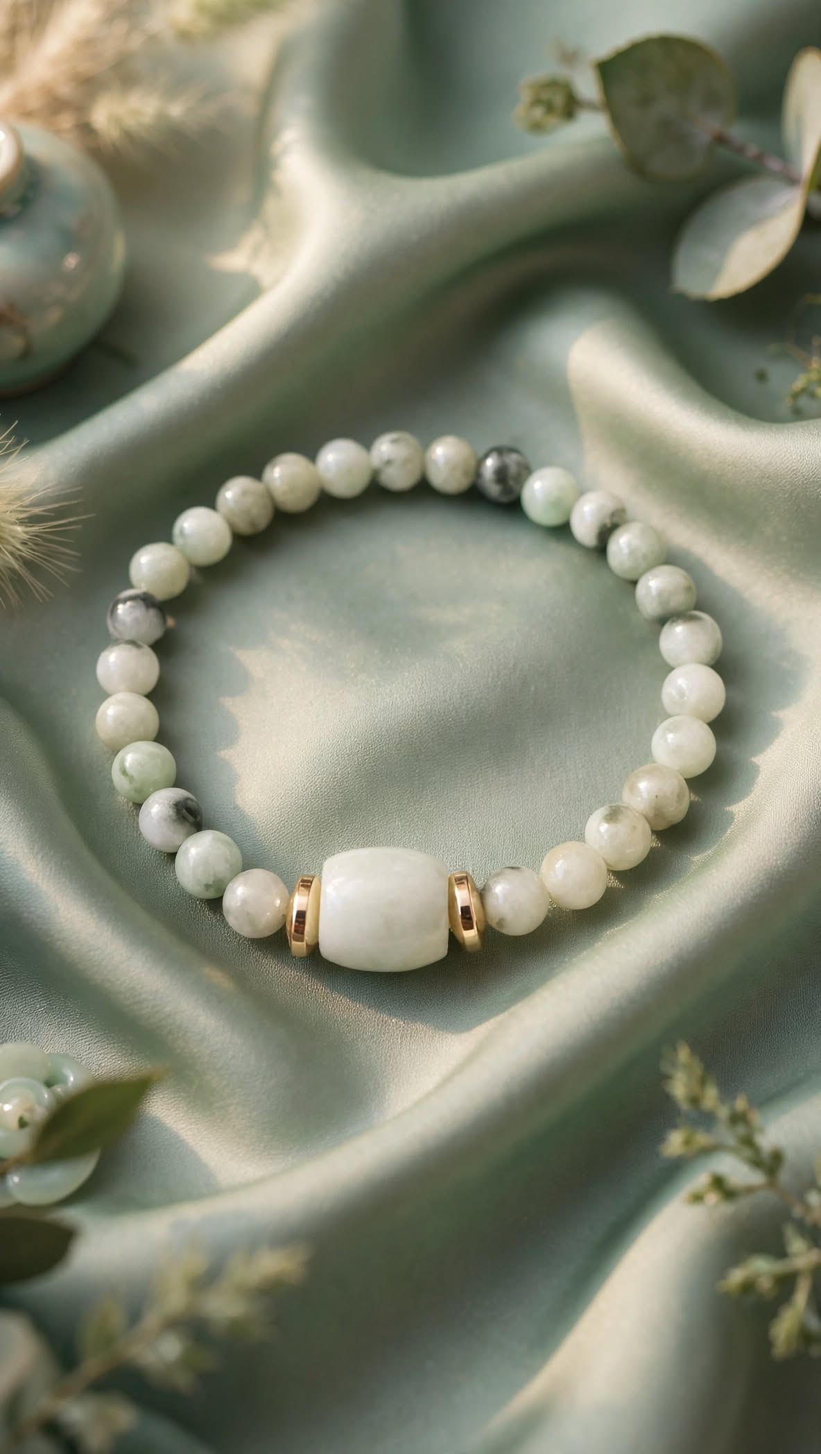 Natural Piao Hua Jadeite Barrel & Hematite Accent Bracelet