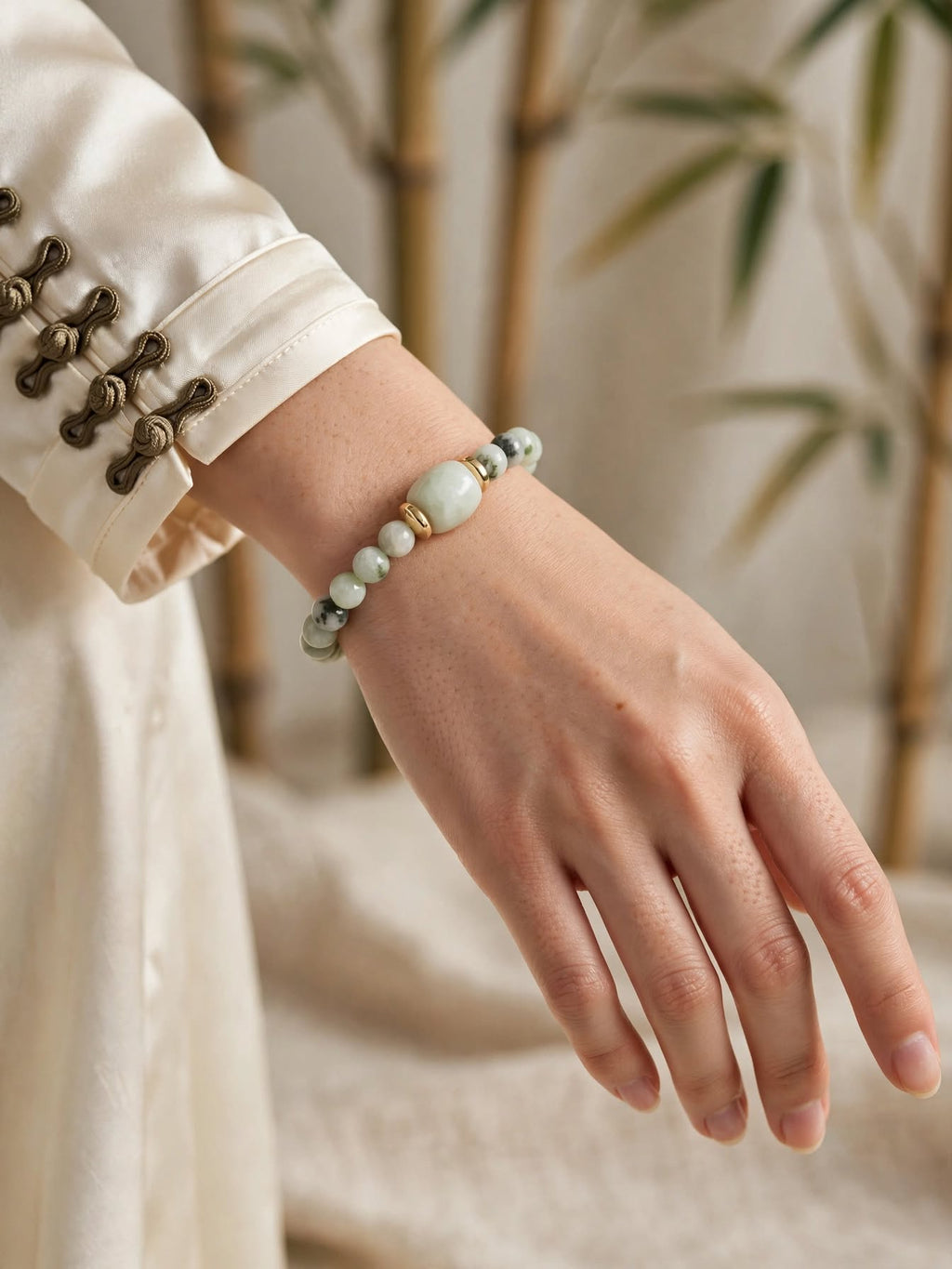 Natural Piao Hua Jadeite Barrel & Hematite Accent Bracelet