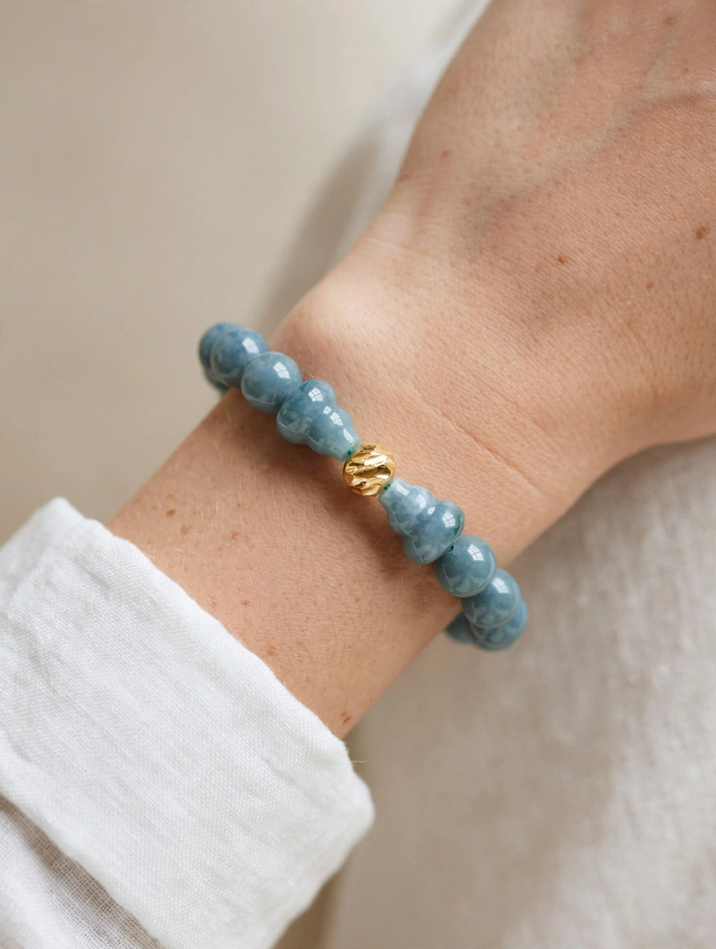 Divine Abundance: Blue Water Jade Hulu & 18K Gold Filled Accent Bracelet