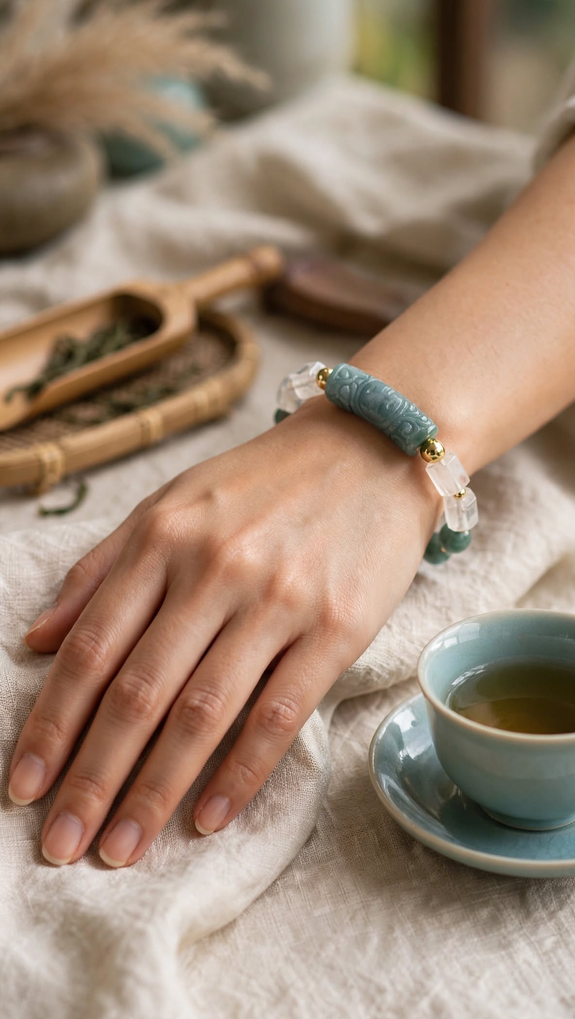 Tranquil Stream Blue Water Jade & Clear Quartz Half-Bangle