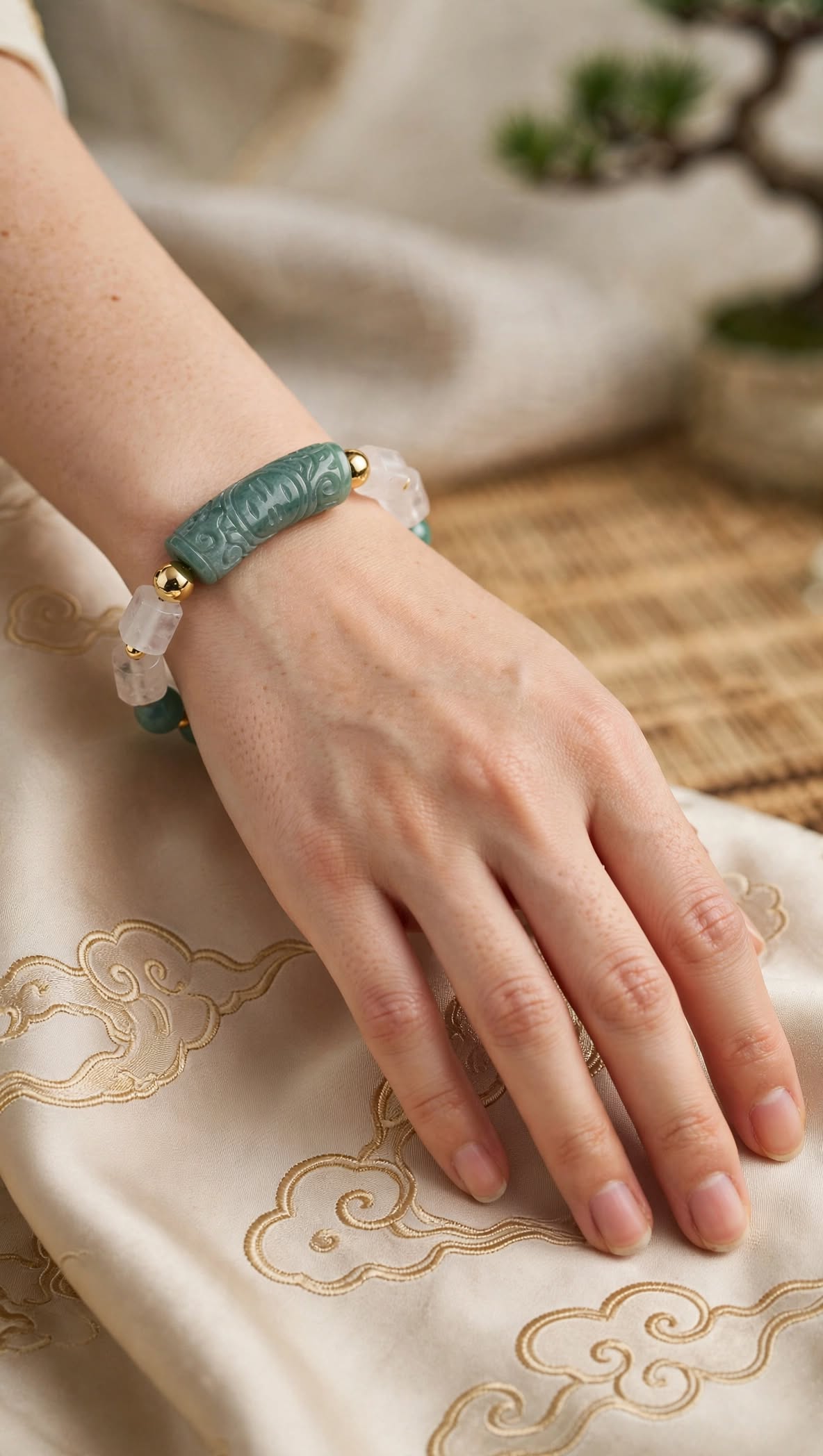 Tranquil Stream Blue Water Jade & Clear Quartz Half-Bangle