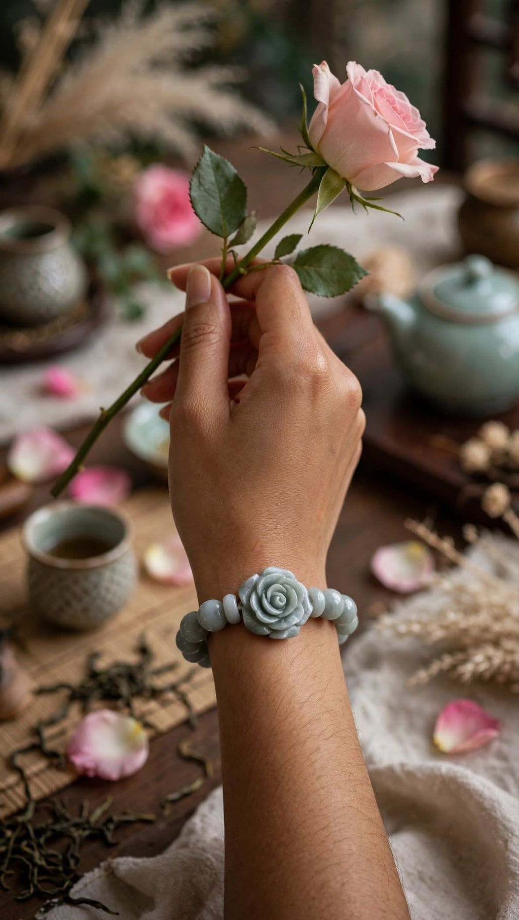 Serene Blossom Blue Water Jade Rose Bracelet