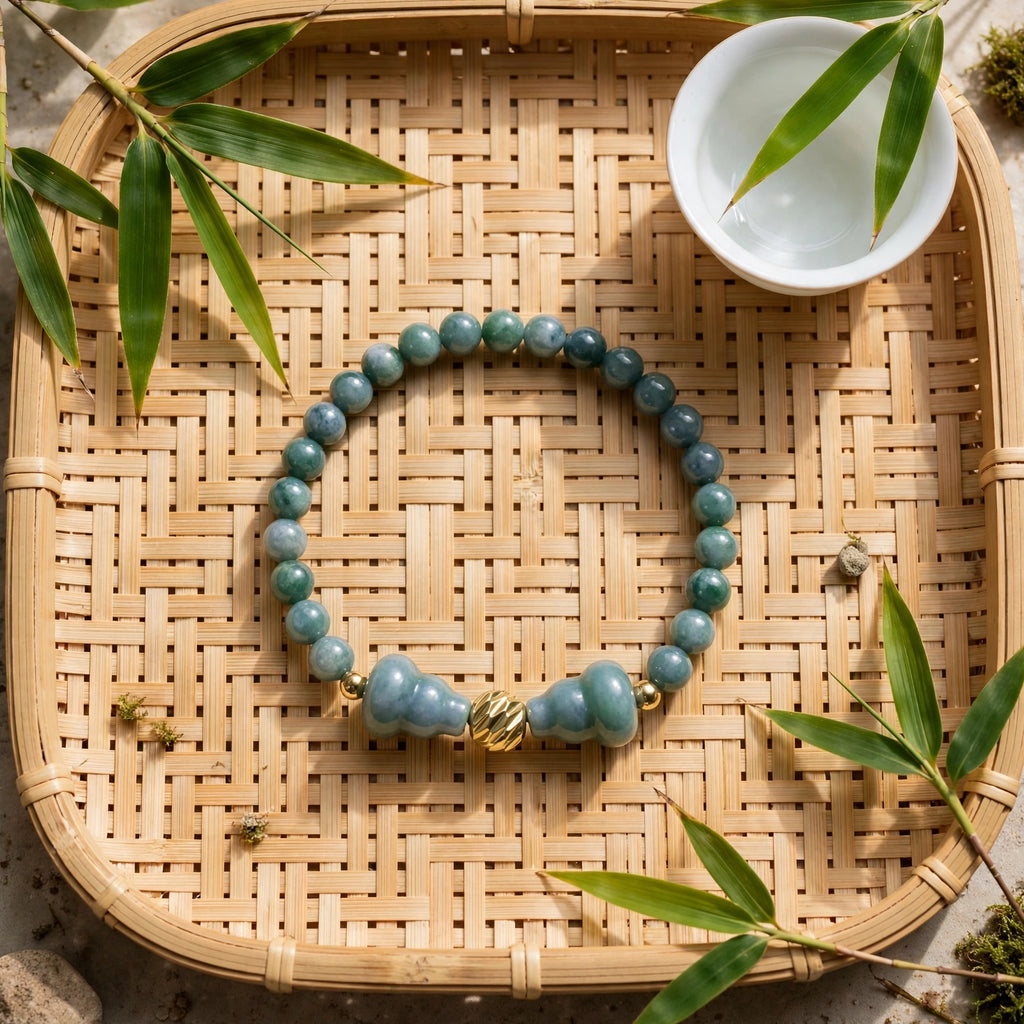 Blue Water Jade Hulu & Gold Accent Bracelet