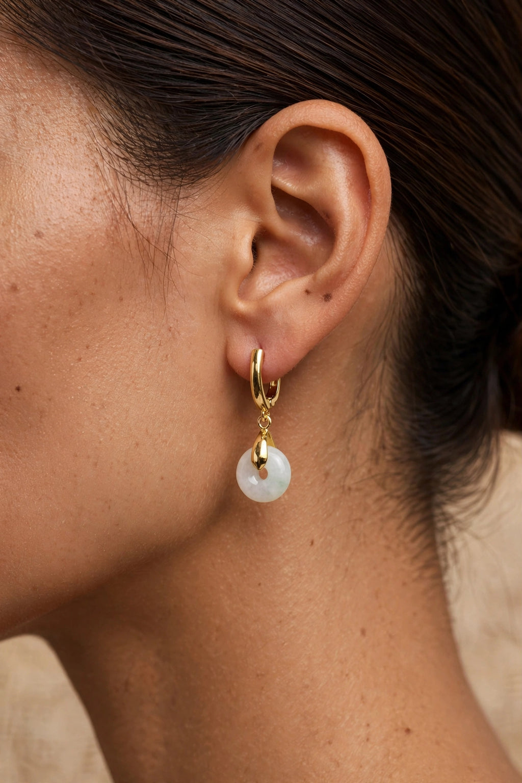 Burmese Jadeite Donut U-Hoop Earrings in 18K Plated Gold