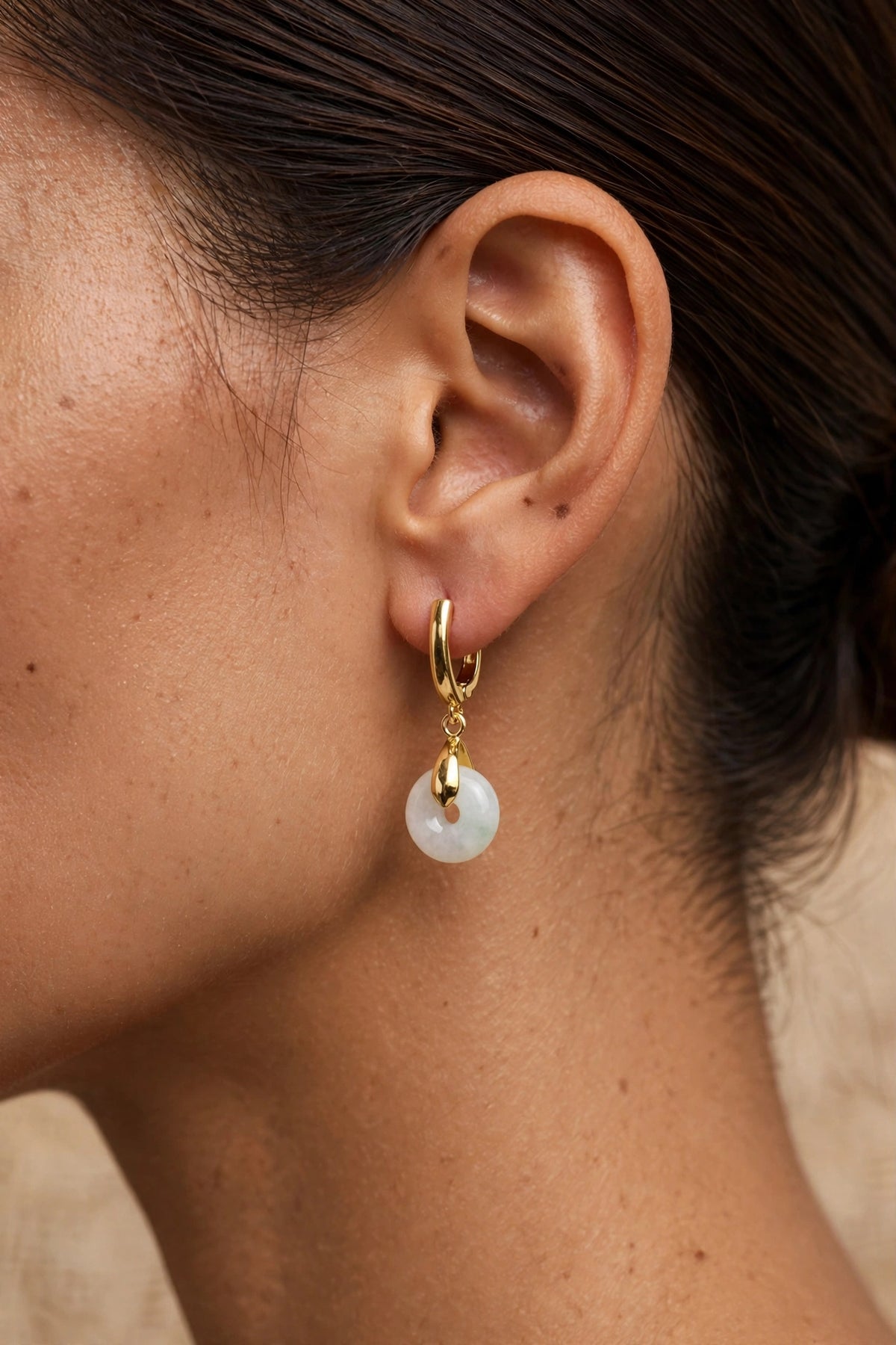 Burmese Jadeite Donut U-Hoop Earrings in 18K Plated Gold