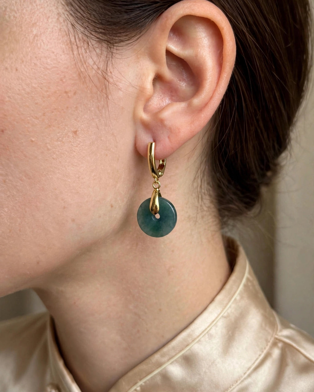 Blue Water Jade Donut U-Hoop Earrings in 18K Plated Gold