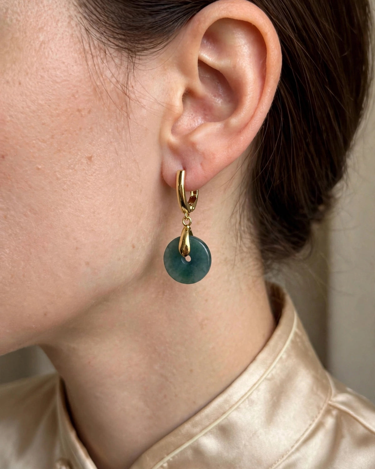 Blue Water Jade Donut U-Hoop Earrings in 18K Plated Gold