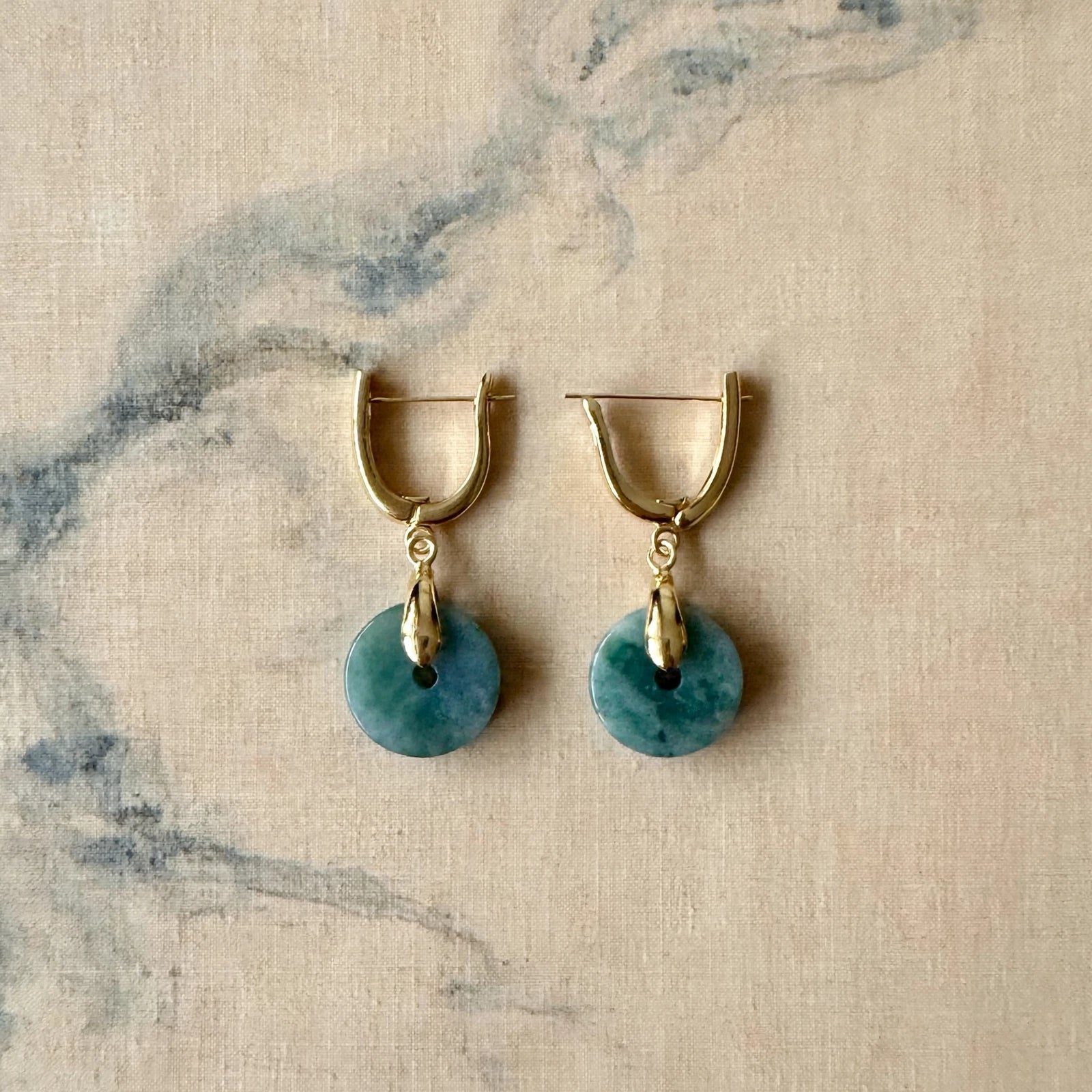 Blue Water Jade Donut U-Hoop Earrings in 18K Plated Gold