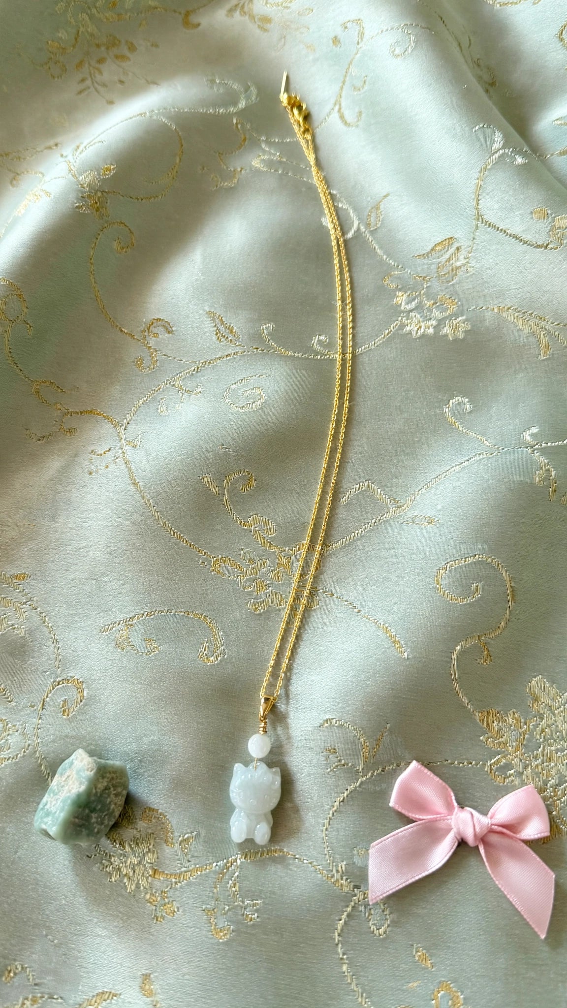 Playful Elegance: Natural Burmese Jadeite Hello Kitty Necklace