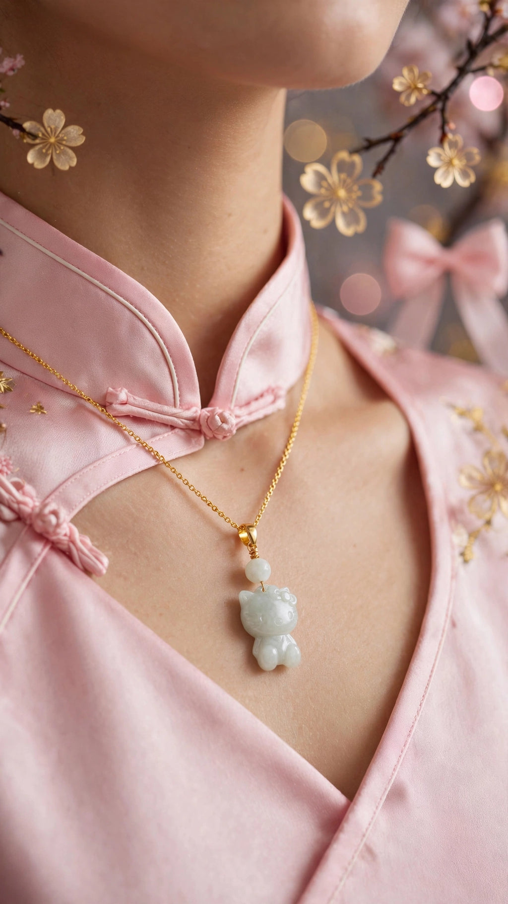 Playful Elegance: Natural Burmese Jadeite Hello Kitty Necklace