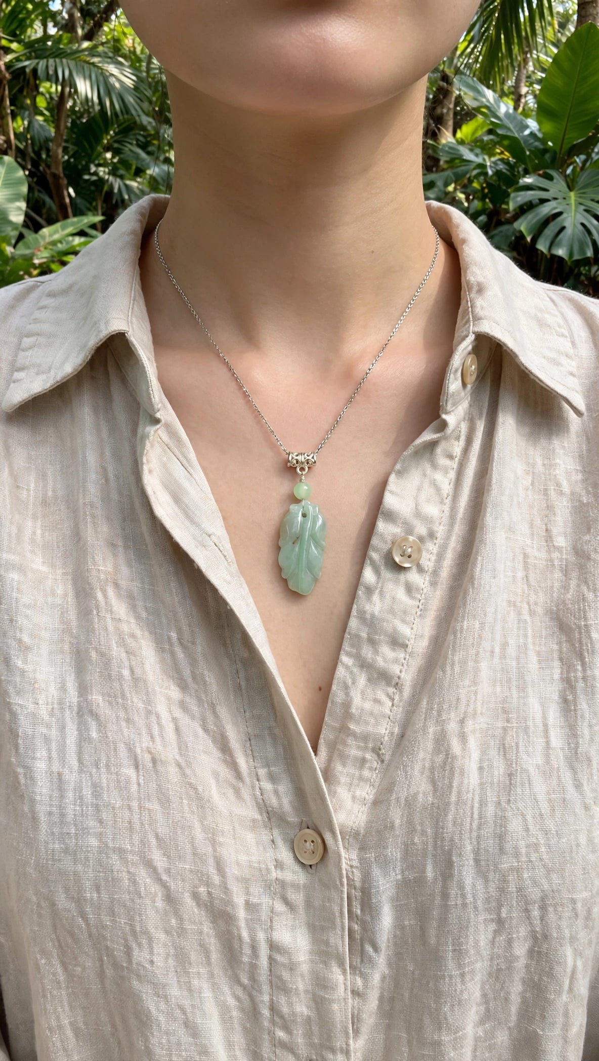 Fresh Beginnings: Natural Light Green Burmese Jadeite Leaf Necklace