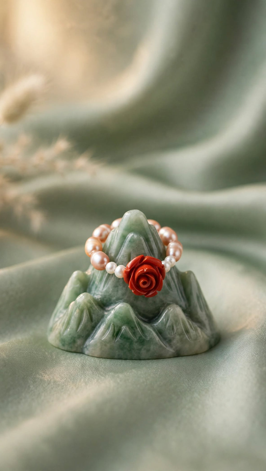 Freshwater Pearl & Cinnabar Rose Beaded Ring
